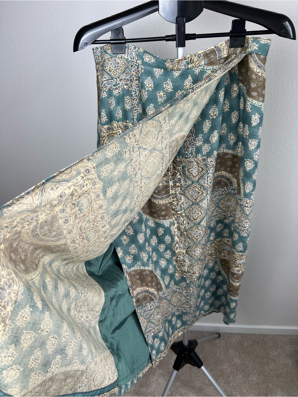 Talbots Faux Wrap Paisley Patchwork Midi Skirt 14 Rayon Wool Boho Cottagecore